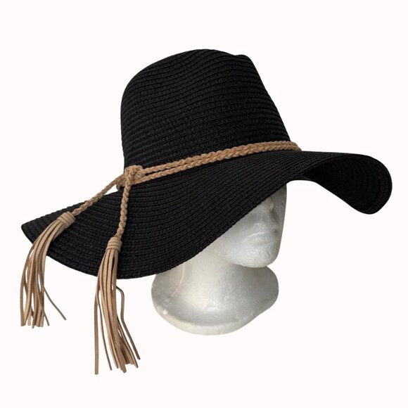 MudPie Wide Brim Sun Hat Boho Floppy Black Braided Band Tassels Beach Cruise